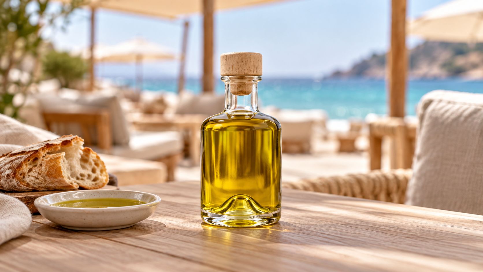Bouteille d'huile d'olive posée sur une table de beach club face à la mer, avec pain et coupelle d'huile (image d'illustration)