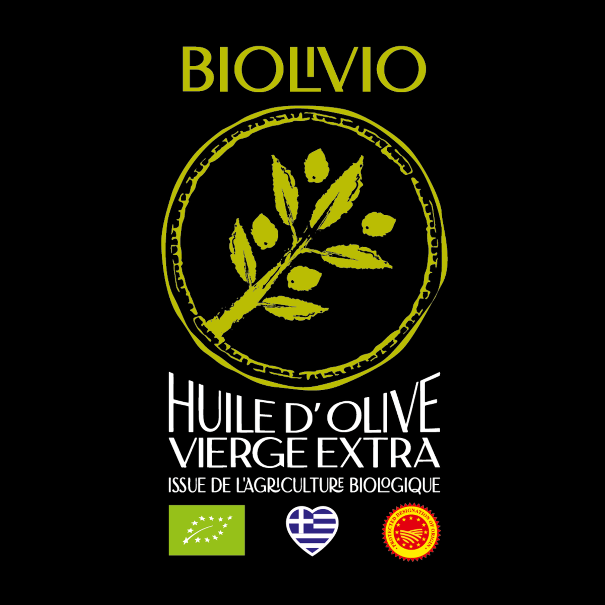 Bouteille d'huile d'olive vierge extra biologique Biolivio, certifiée AOP Messara