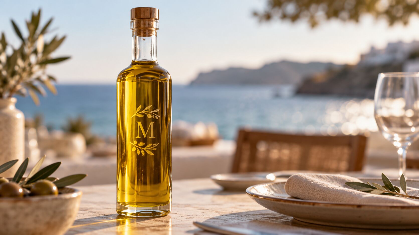 Bouteille d'huile d'olive gravée d'un logo sur une table de restaurant face à la mer, image d'illustration