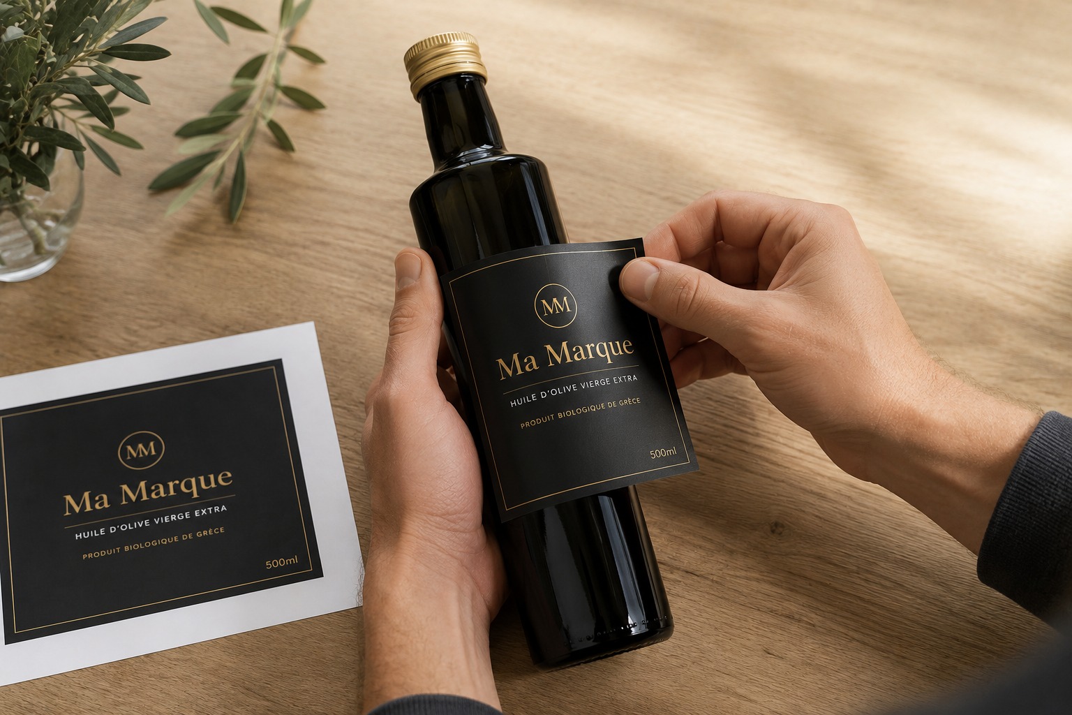 Application de l'étiquette personnalisée Ma Marque sur une bouteille d'huile d'olive Biolivio
