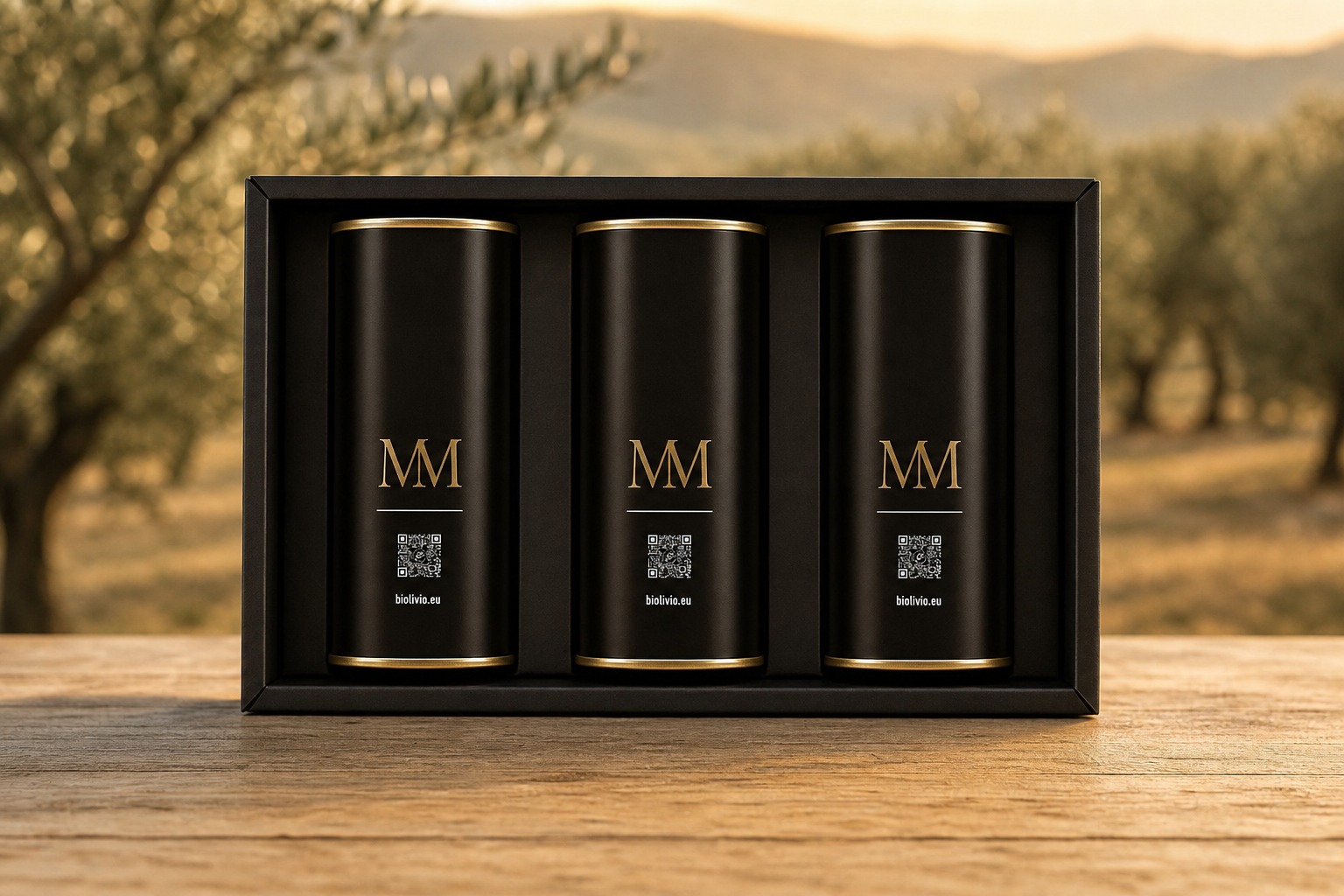 Coffret cadeau de luxe avec trois bidons d'huile d'olive Biolivio co-brandés, dans une oliveraie de Crète