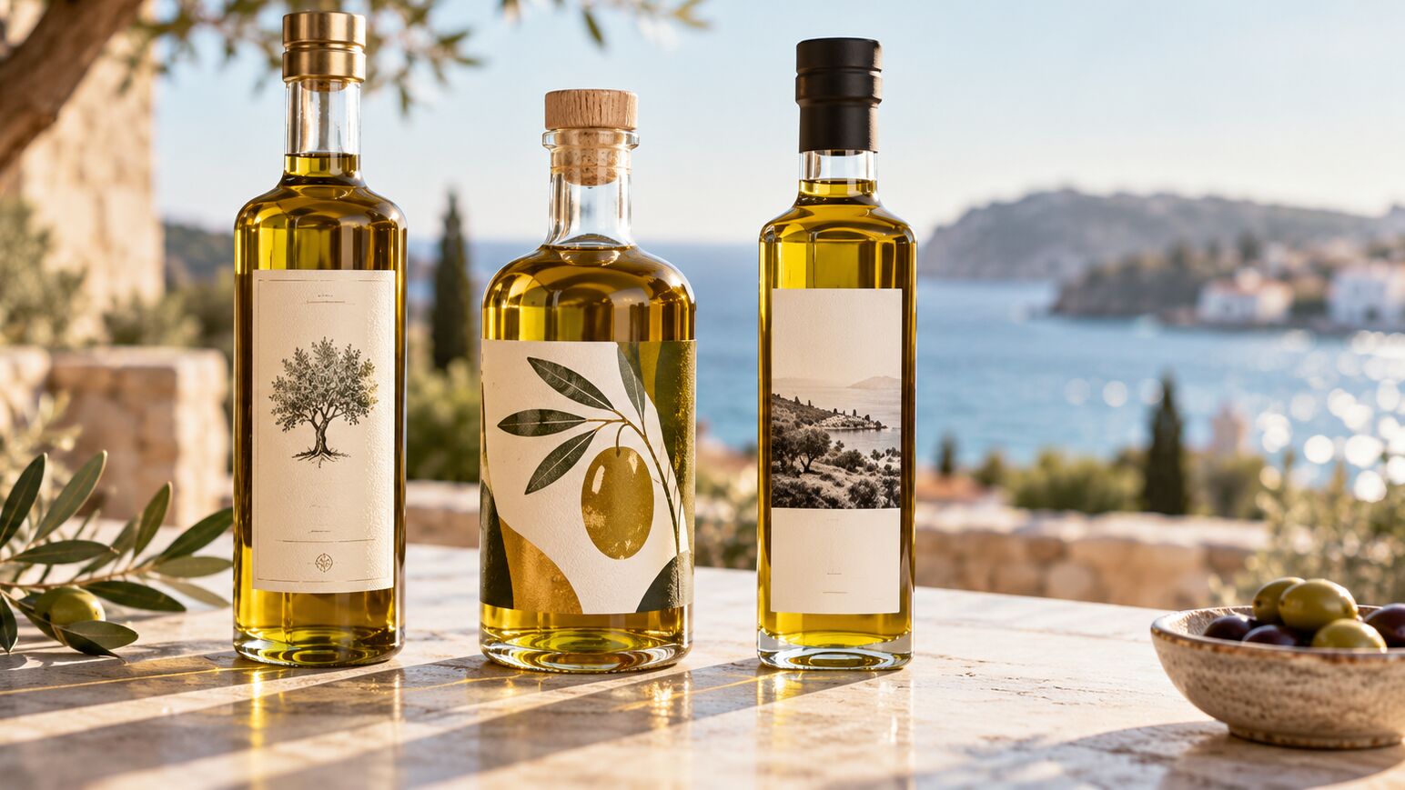 Trois bouteilles d'huile d'olive aux étiquettes de marques différentes, image d'illustration