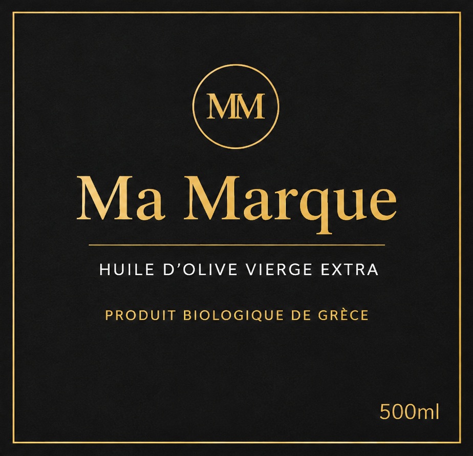 Exemple d'étiquette Ma Marque co-brandée, huile d'olive vierge extra bio AOP Messara
