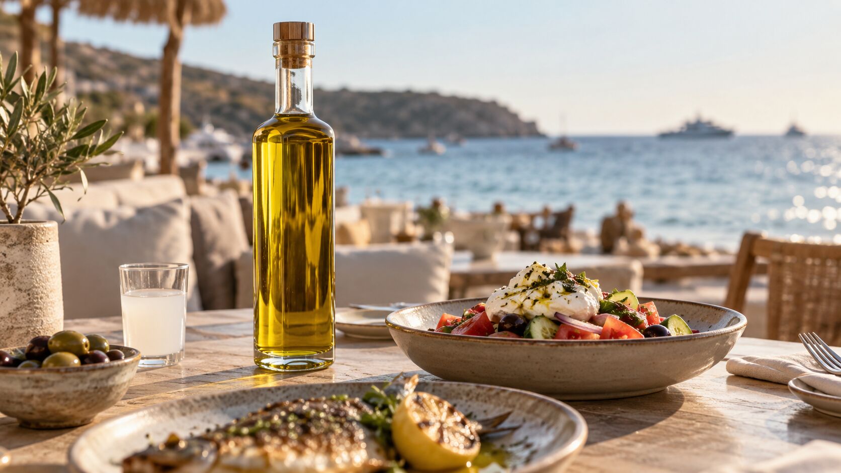 Bouteille d'huile d'olive sur une table de beach club face à la mer, avec salade et poisson grillé, image d'illustration
